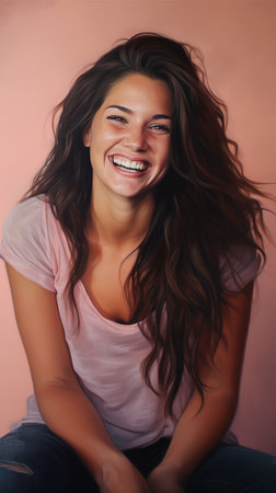 A cheerful young woman with long, wavy hair wearing a pink t-shirt and a warm smile.の素材
