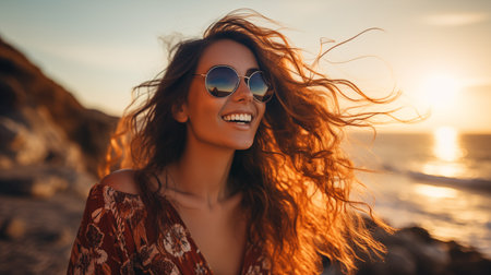 Joyful woman with curly hair and sunglasses smiling on a sunny beach at sunset, exuding happiness.の素材