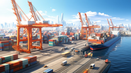 A bustling cargo port with cranes, stacked containers, and a ship docked under a clear sky.の素材