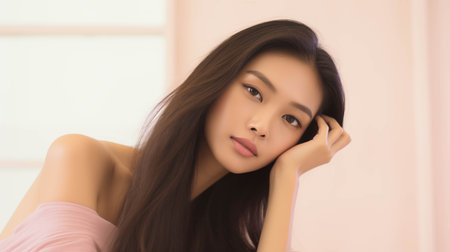Asian woman touching her face with her hands.の素材