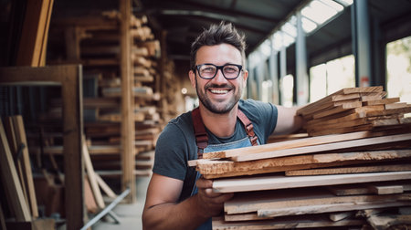 Caucasian carpenter looking at camera with confidence in factory.の素材
