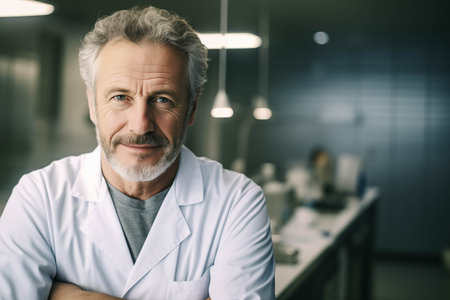 Caucasian old man doctor looking at camera with confidence in clinic.の素材