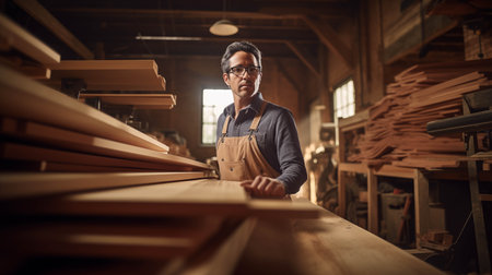 Caucasian carpenter looking at camera with confidence in factory.の素材
