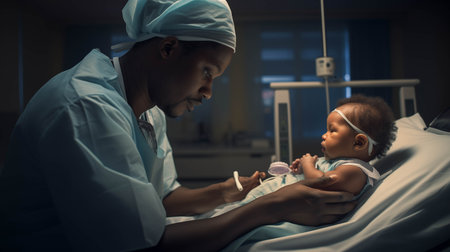 A male nurse is holding a baby in the hospital.の素材