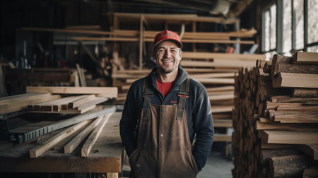 Caucasian carpenter looking at camera with confidence in factory.の素材