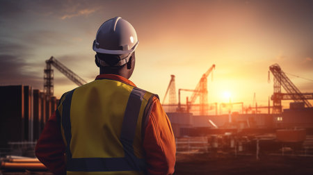 Engineer looks confidently at job site during sunset.の素材
