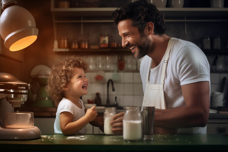 Caucasian father and son are in the kitchen.の素材