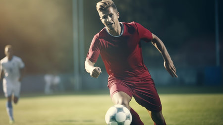 Caucasian male soccer player plays football on the field.の素材