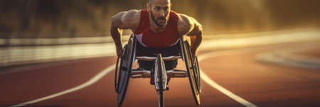 Caucasian male wheelchair athlete competing on a running track.の素材