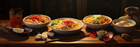 Instant noodles placed on a wooden table.の素材