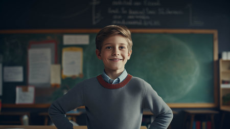 Caucasian boy with arms crossed in class.の素材
