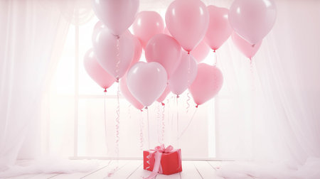 Gift boxes in a room with white and pink balloons in the background.の素材