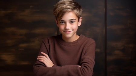 Caucasian boy with arms crossed in class.の素材