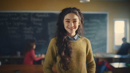 Caucasian girl smiling with confidence in classroom.の素材