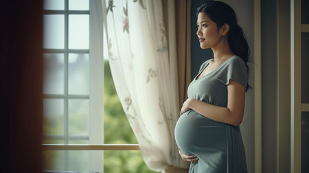 Asian pregnant woman rubbing her belly in the house.の素材