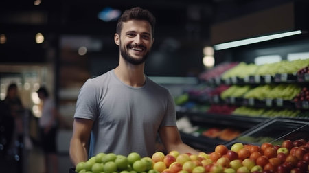A Caucasian man is buying fruits and vegetables in the mall.の素材
