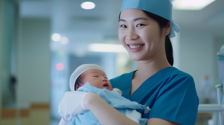 Asian female nurse holds newborn baby in hospital.の素材