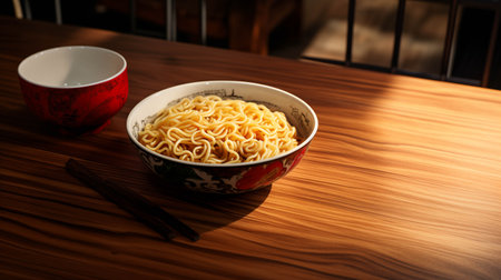 Instant noodles placed on a wooden table.の素材