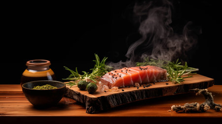 Maguro is served on a wooden cutting board.の素材