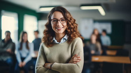 Caucasian girl smiling with confidence in classroom.の素材
