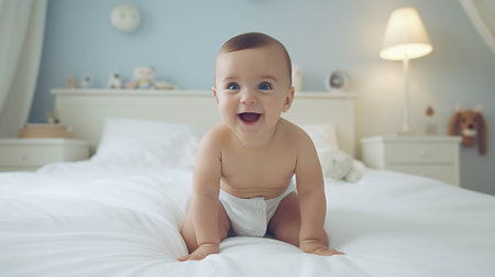 Newborn baby crawling on white bed.の素材