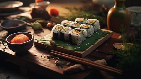 Sushi is arranged on a wooden tray.の素材