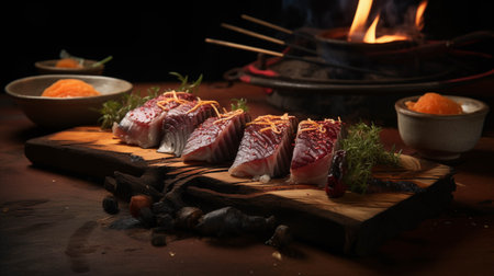 Maguro is served on a wooden cutting board.の素材