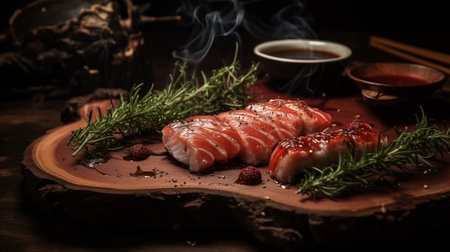 Maguro is served on a wooden cutting board.の素材