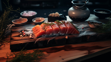 Maguro is served on a wooden cutting board.の素材