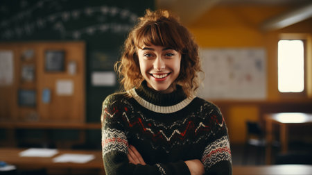 Caucasian girl smiling with confidence in classroom.の素材