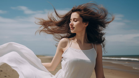 Caucasian woman in white dress walks along the beach.の素材