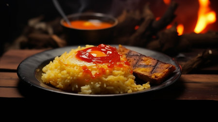 Omelette rice is on the wooden table in the kitchen.の素材