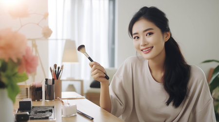 Asian woman doing makeup at home.の素材
