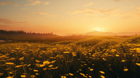 Sunset view of yellow grass field.の素材