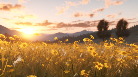 Sunset view of yellow grass field.の素材