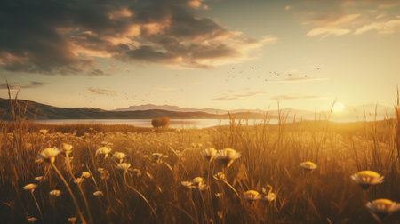 Sunset view of yellow grass field.の素材