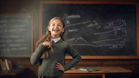 Caucasian girl smiling with confidence in classroom.の素材