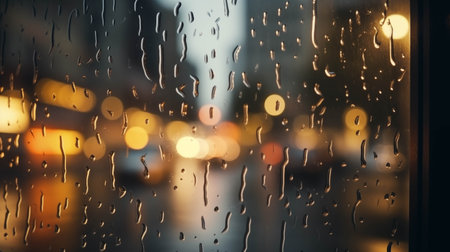 Water drops stuck on the glass. City shadows and lights blur in the background.の素材