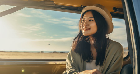 Asian woman wearing casual clothes sits with her legs dangling in the back of a crossover car.の素材