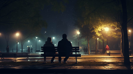 People sitting on benches in the park at night.の素材