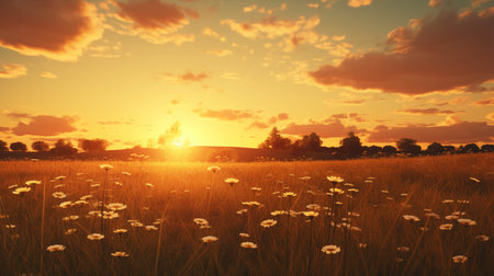 Sunset view of yellow grass field.の素材