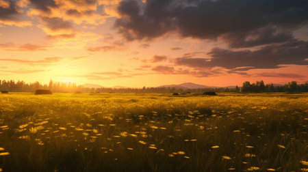 Sunset view of yellow grass field.の素材