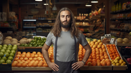 A young Caucasian merchant with long hair is smiling confidently at a fruit shop.の素材