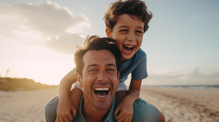 Caucasian boy riding on the back of his father at the beach.の素材