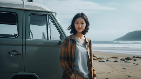 Asian woman wearing casual clothes sits with her legs dangling in the back of a crossover car.の素材