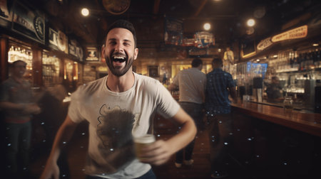 Caucasian man drinking beer in pub.の素材