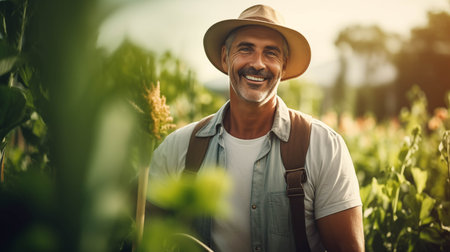 Caucasian man smiling with confidence gardening.の素材