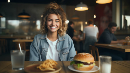 Caucasian woman eating hamburger in fast food restaurant.の素材
