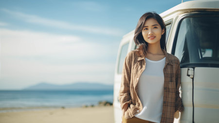 Asian woman wearing casual clothes sits with her legs dangling in the back of a crossover car.の素材