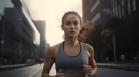 Young Caucasian woman jogging in the city.の素材
